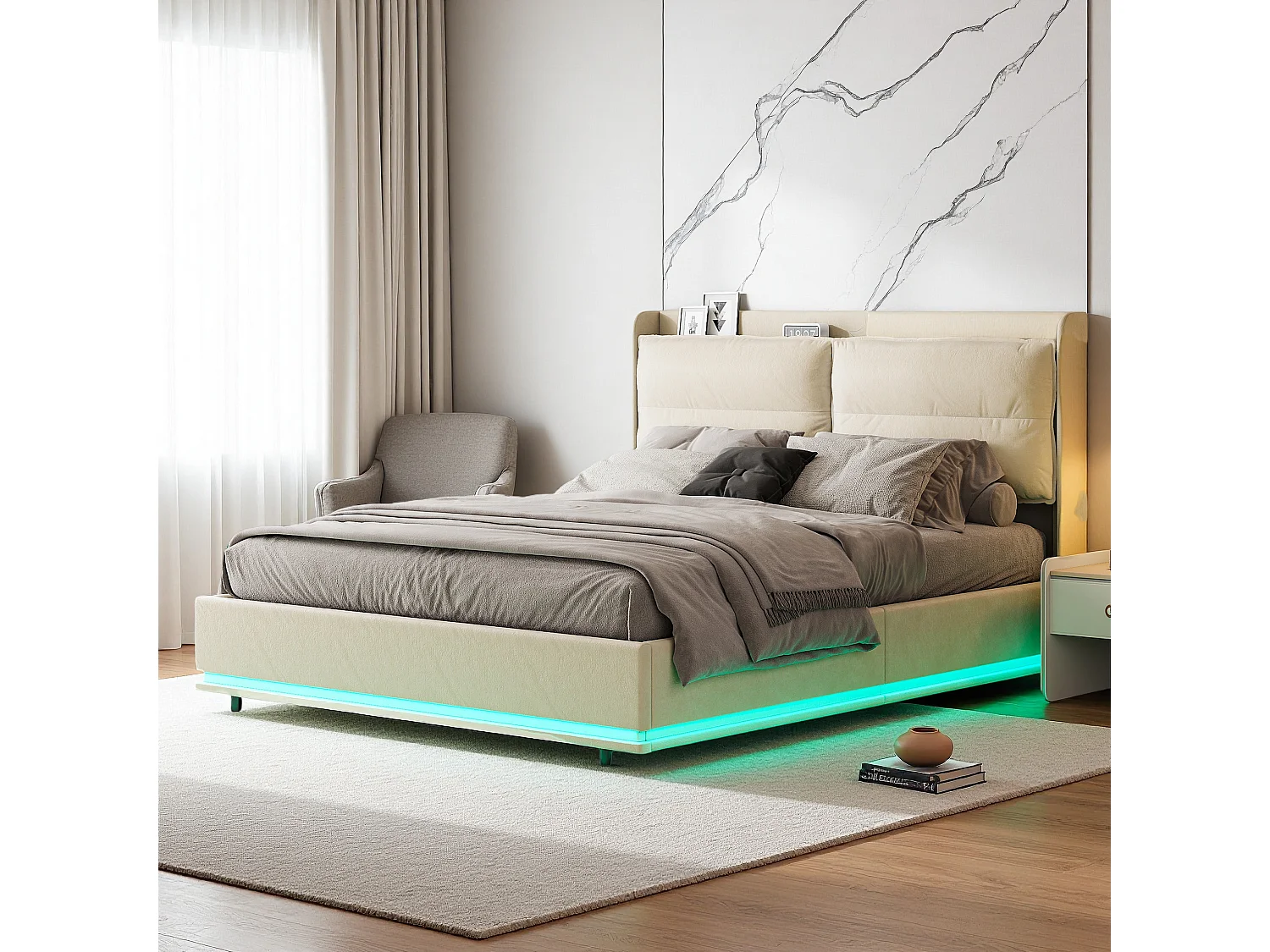 Cadre de lit double 140x200cm en velours avec LED intégrées, lattes en bois, rangement hydraulique et station de charge USB，Blanc cassé