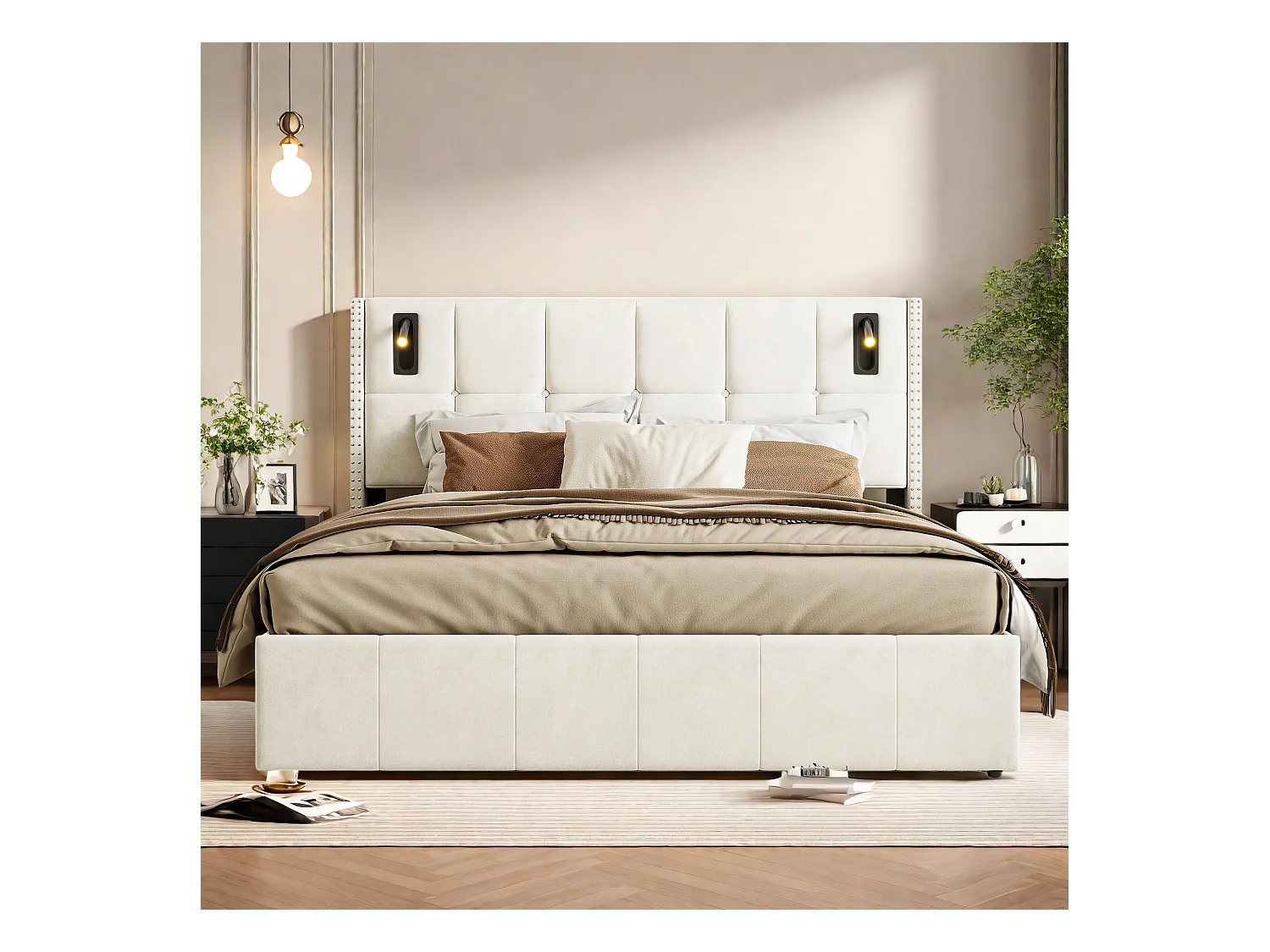 Letto matrimoniale 140x200cm in velluto beige con box contenitore idraulico, testiera con borchie e lampade da lettura integrate