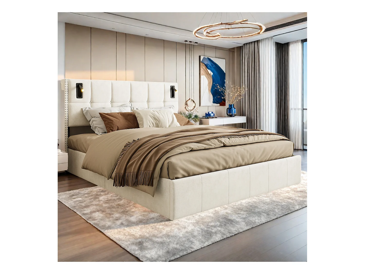 Cama doble de 140x200 cm en terciopelo beige con compartimento de almacenamiento hidráulico, cabecero con tachuelas y luces de lectura integradas