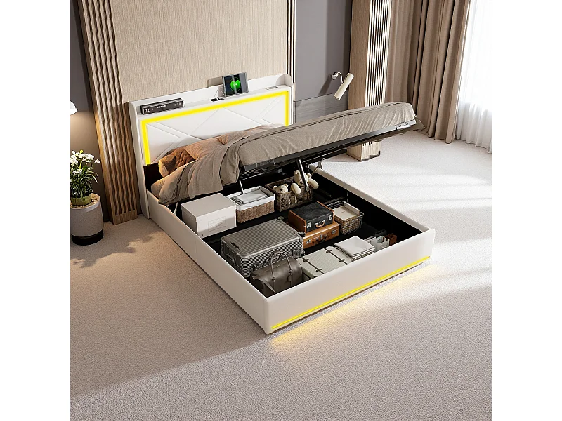 Tweepersoonsbed van 140 x 200 cm - Gestoffeerd bed met hydraulische opbergruimte, ledverlichting en USB-oplaadpoort - zonder matras (wit)