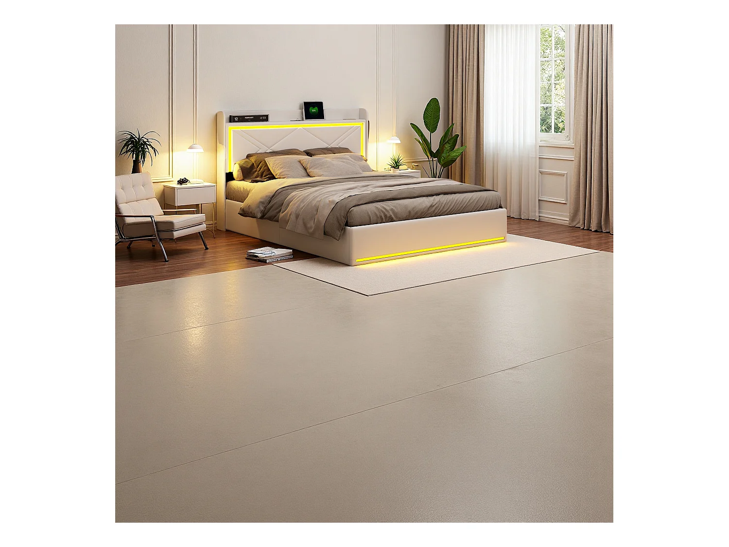 Cama de casal 140 x 200 cm - Cama estofada com armazenamento hidráulico e LED e porta de carregamento USB - Sem colchão (Branco)