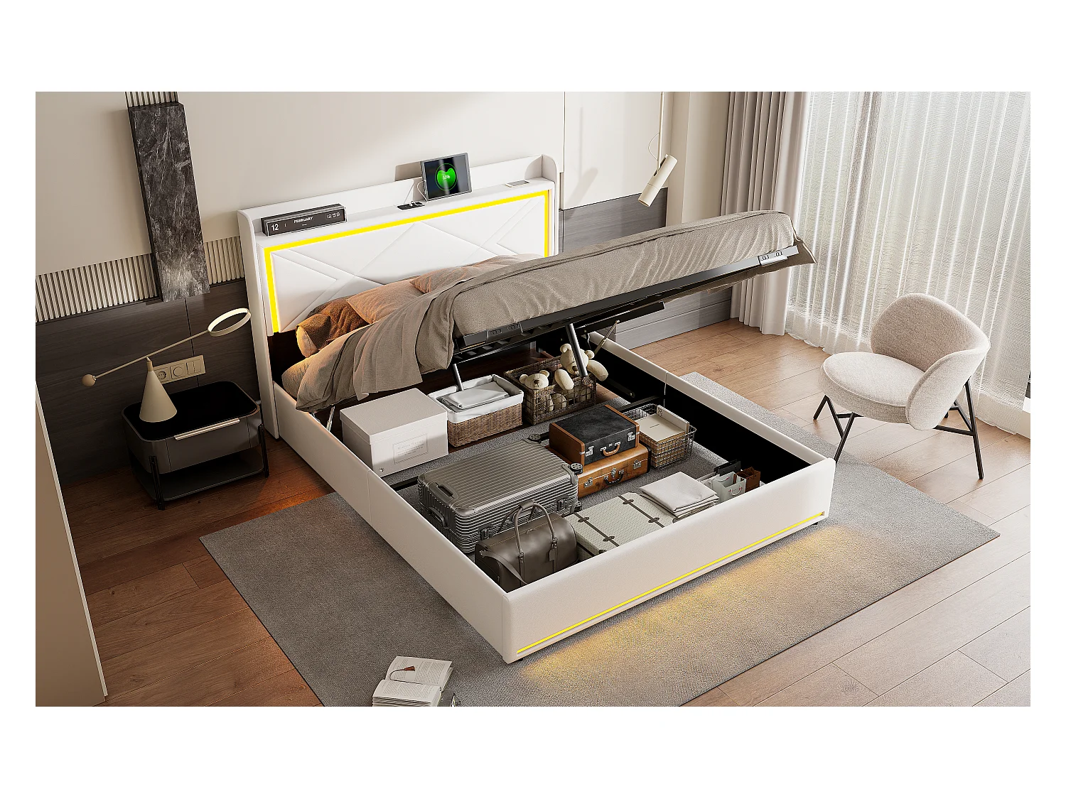 Cama de casal 140 x 200 cm - Cama estofada com armazenamento hidráulico e LED e porta de carregamento USB - Sem colchão (Branco)