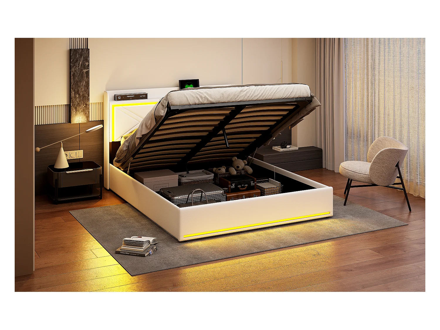 Cama de casal 140 x 200 cm - Cama estofada com armazenamento hidráulico e LED e porta de carregamento USB - Sem colchão (Branco)