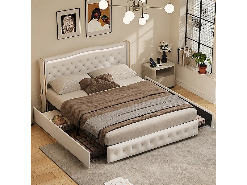 Bed 140 x 200 cm met LED- en USB-voet, Gestoffeerd met 4 lades, Frame met lattenbodem, 2 personen, PU, ​​Wit