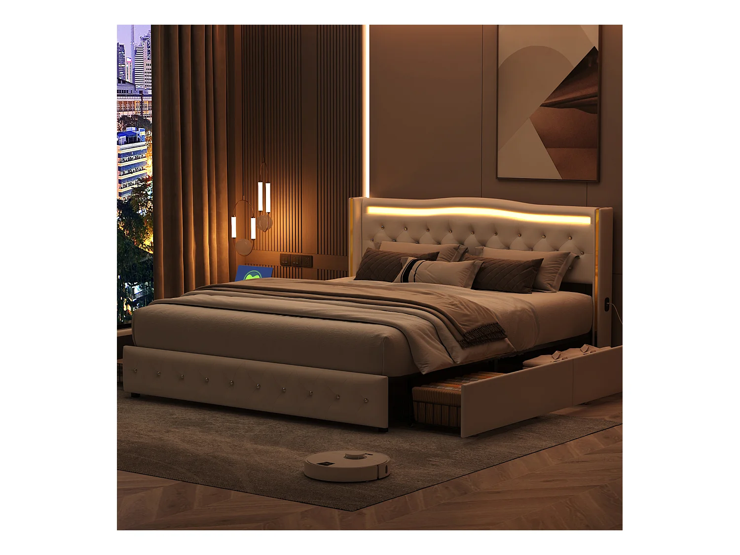 Cama 140x200cm com base LED e USB, Estofada com 4 Gavetas, Estrutura com Estrado de Ripas, 2 Pessoas, PU, Branco