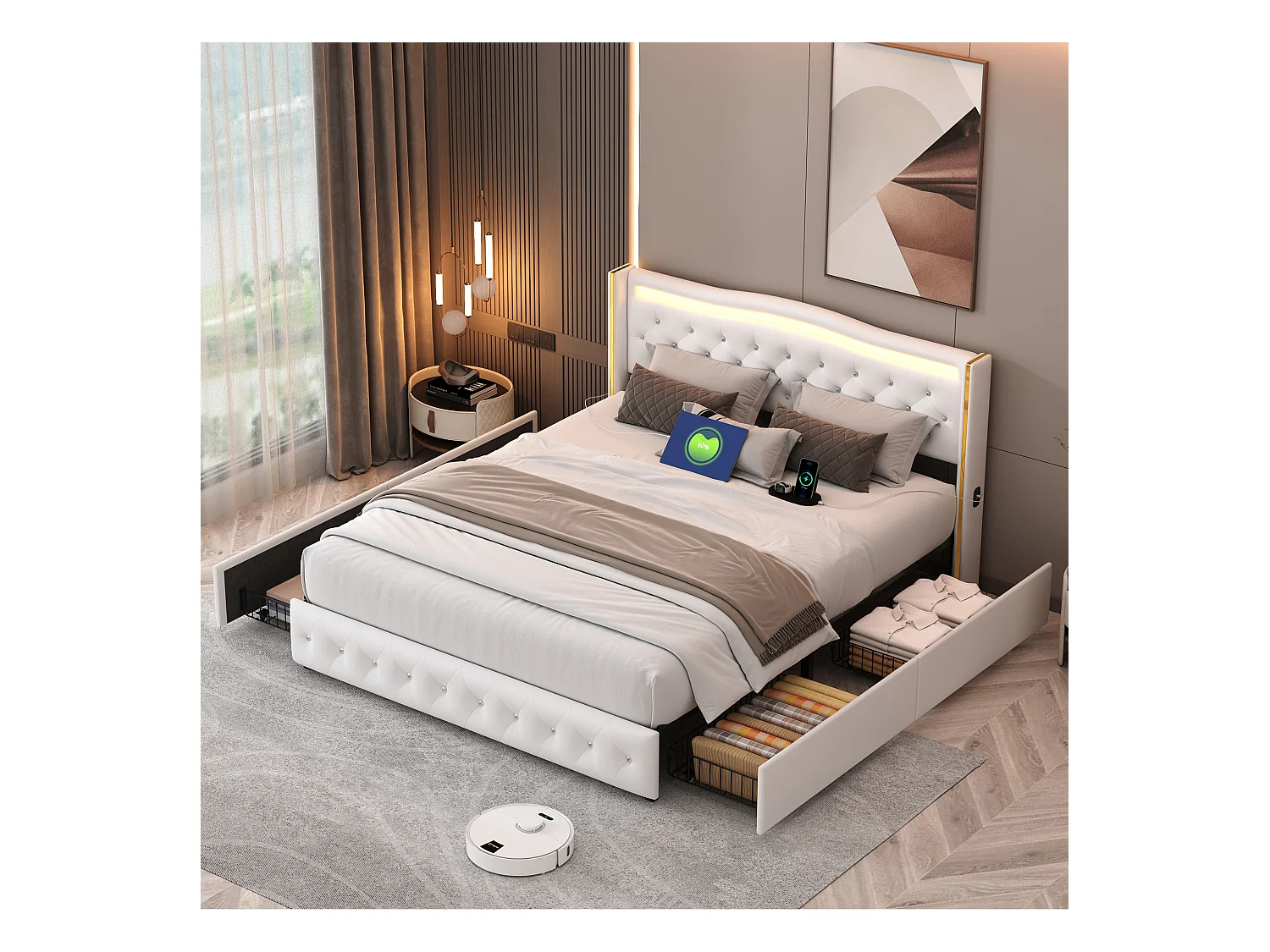 Cama 140x200cm com base LED e USB, Estofada com 4 Gavetas, Estrutura com Estrado de Ripas, 2 Pessoas, PU, Branco