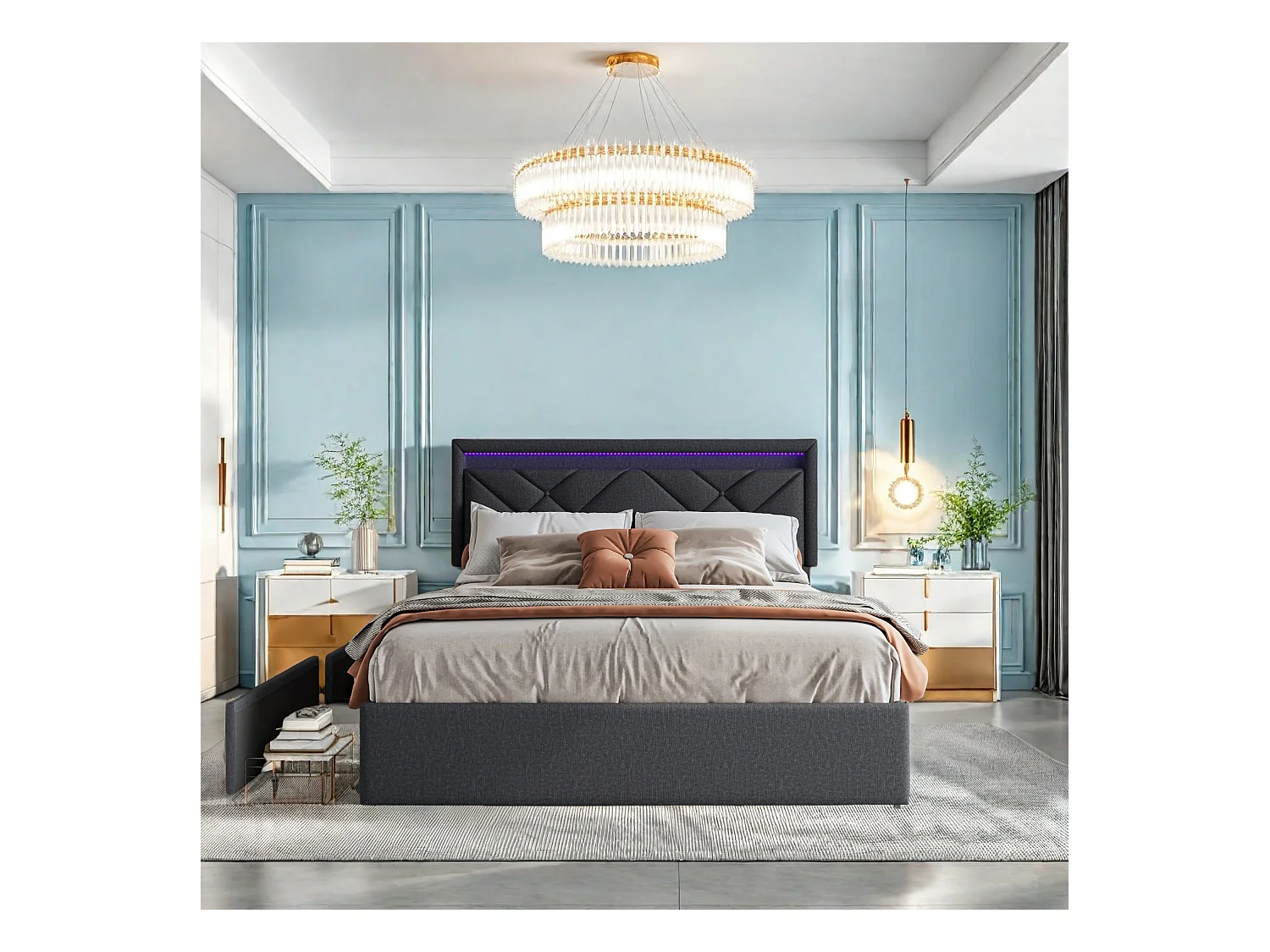 Lit double 160x200cm en lin gris foncé avec LED, USB & Type-C, tête de lit moderne et 4 tiroirs métalliques de rangement