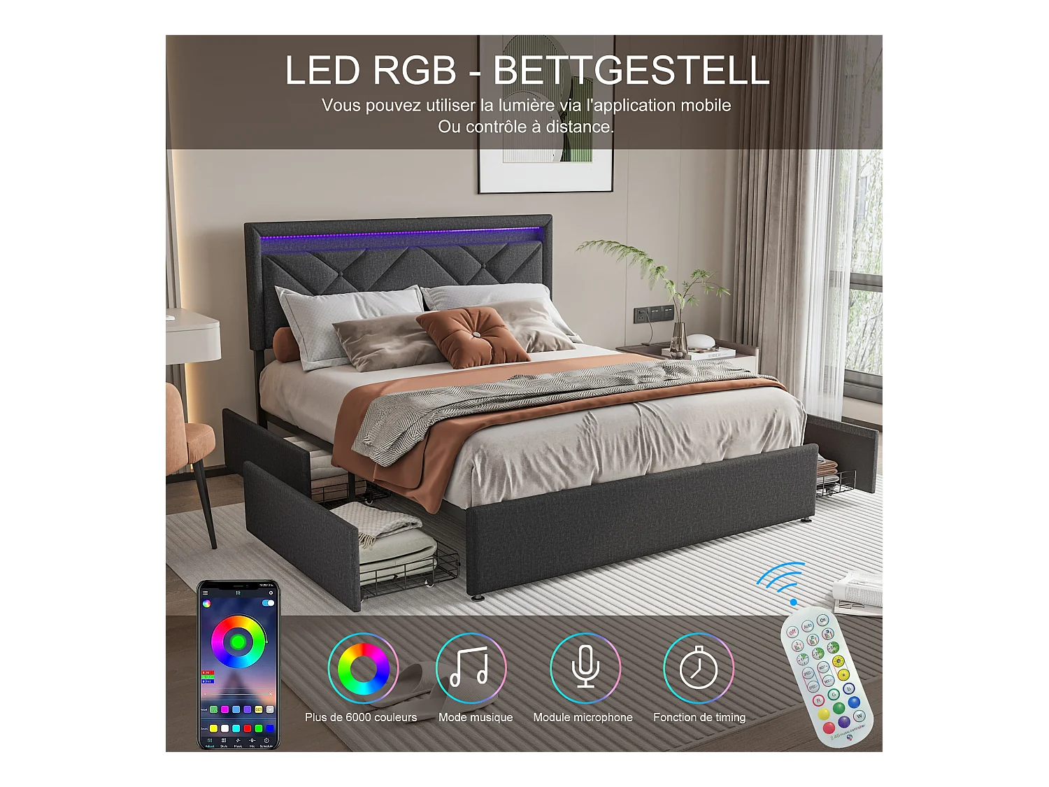 Lit double 160x200cm en lin gris foncé avec LED, USB & Type-C, tête de lit moderne et 4 tiroirs métalliques de rangement