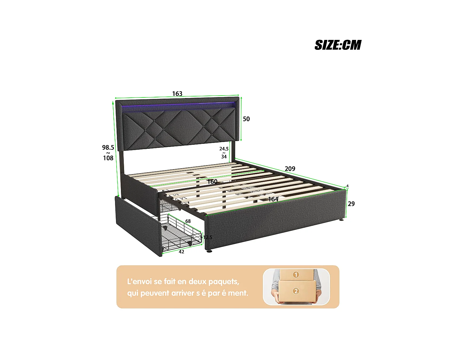 Lit double 160x200cm en lin gris foncé avec LED, USB & Type-C, tête de lit moderne et 4 tiroirs métalliques de rangement