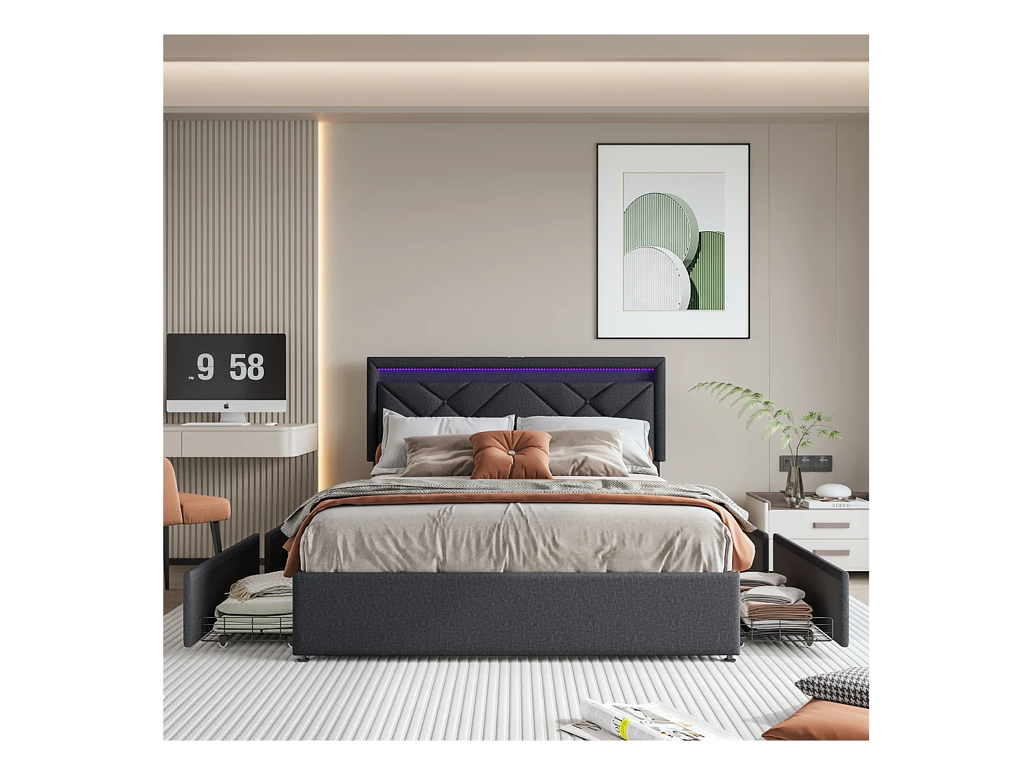 Lit double 160x200cm en lin gris foncé avec LED, USB & Type-C, tête de lit moderne et 4 tiroirs métalliques de rangement