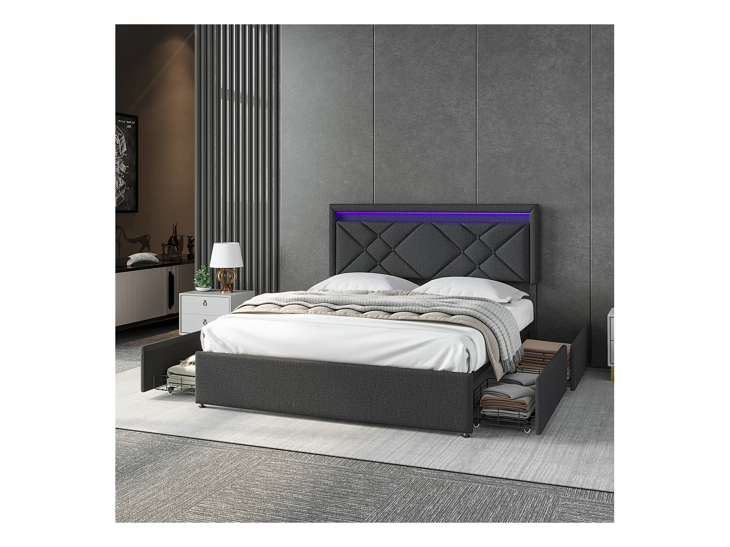 Lit double 160x200cm en lin gris foncé avec LED, USB & Type-C, tête de lit moderne et 4 tiroirs métalliques de rangement