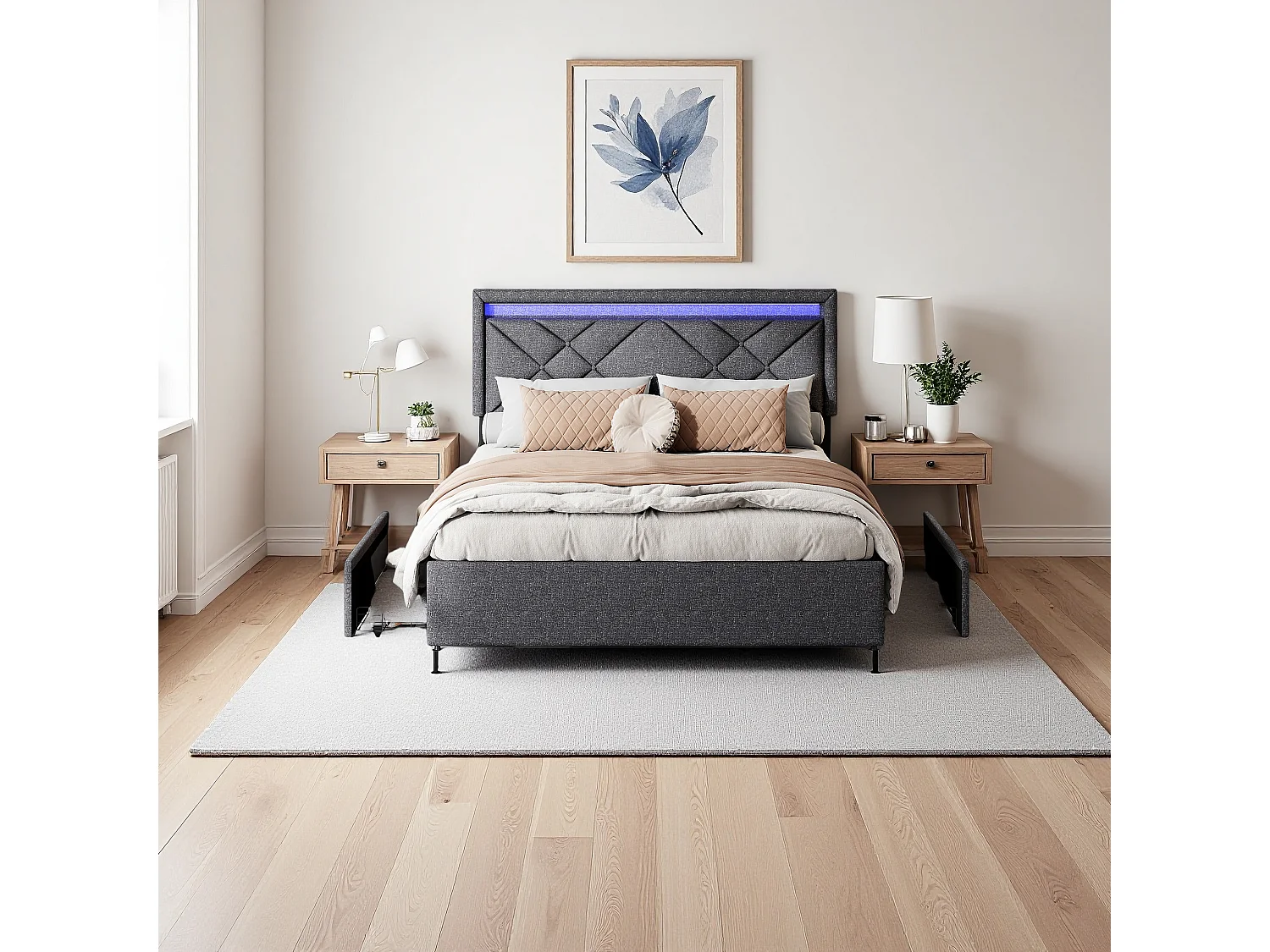 Cama de casal 160x200cm em linho cinza escuro com LED, USB e Tipo C, cabeceira moderna e 4 gavetas de metal para armazenamento