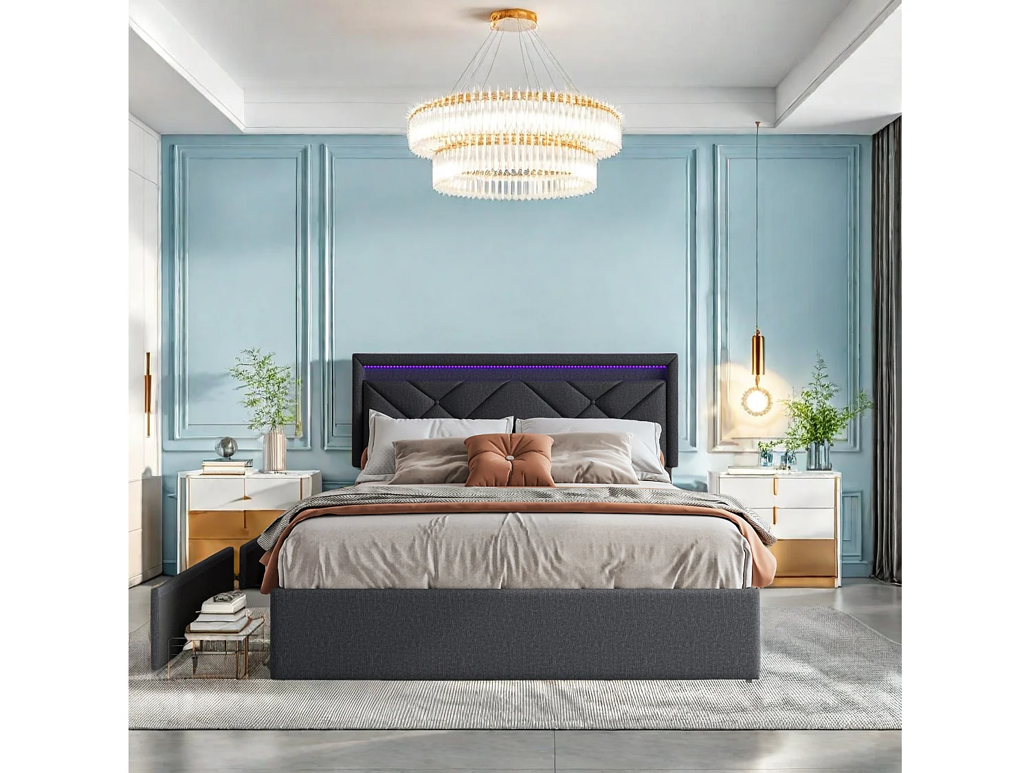 Cama de casal 160x200cm em linho cinza escuro com LED, USB e Tipo C, cabeceira moderna e 4 gavetas de metal para armazenamento