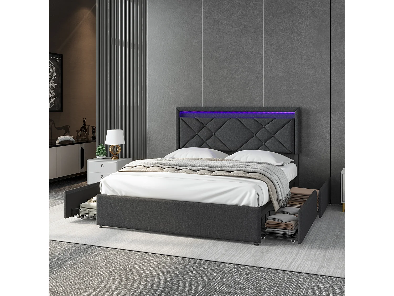 Cama de casal 160x200cm em linho cinza escuro com LED, USB e Tipo C, cabeceira moderna e 4 gavetas de metal para armazenamento