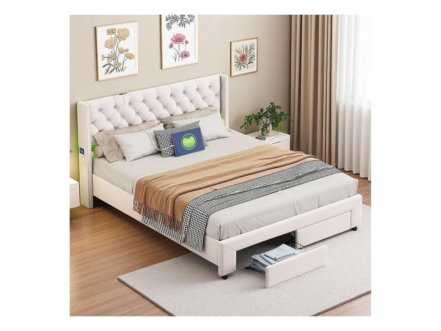 Lit coffre 160x200 cm en velours beige, tête de lit cloutée, 2 tiroirs, ports USB, poches latérales, bande LED amovible