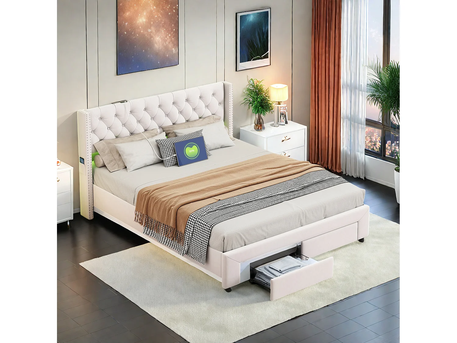 Lit coffre 160x200 cm en velours beige, tête de lit cloutée, 2 tiroirs, ports USB, poches latérales, bande LED amovible