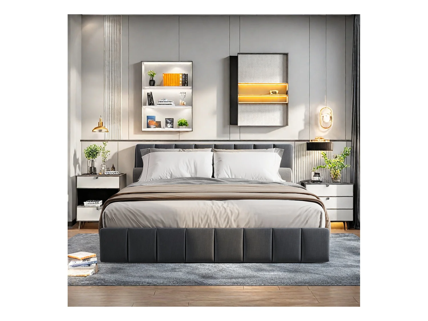 Letto contenitore 140x200 cm in tessuto di lino nero, testiera con finestra luminosa, cassetti contenitori, strisce LED integrate