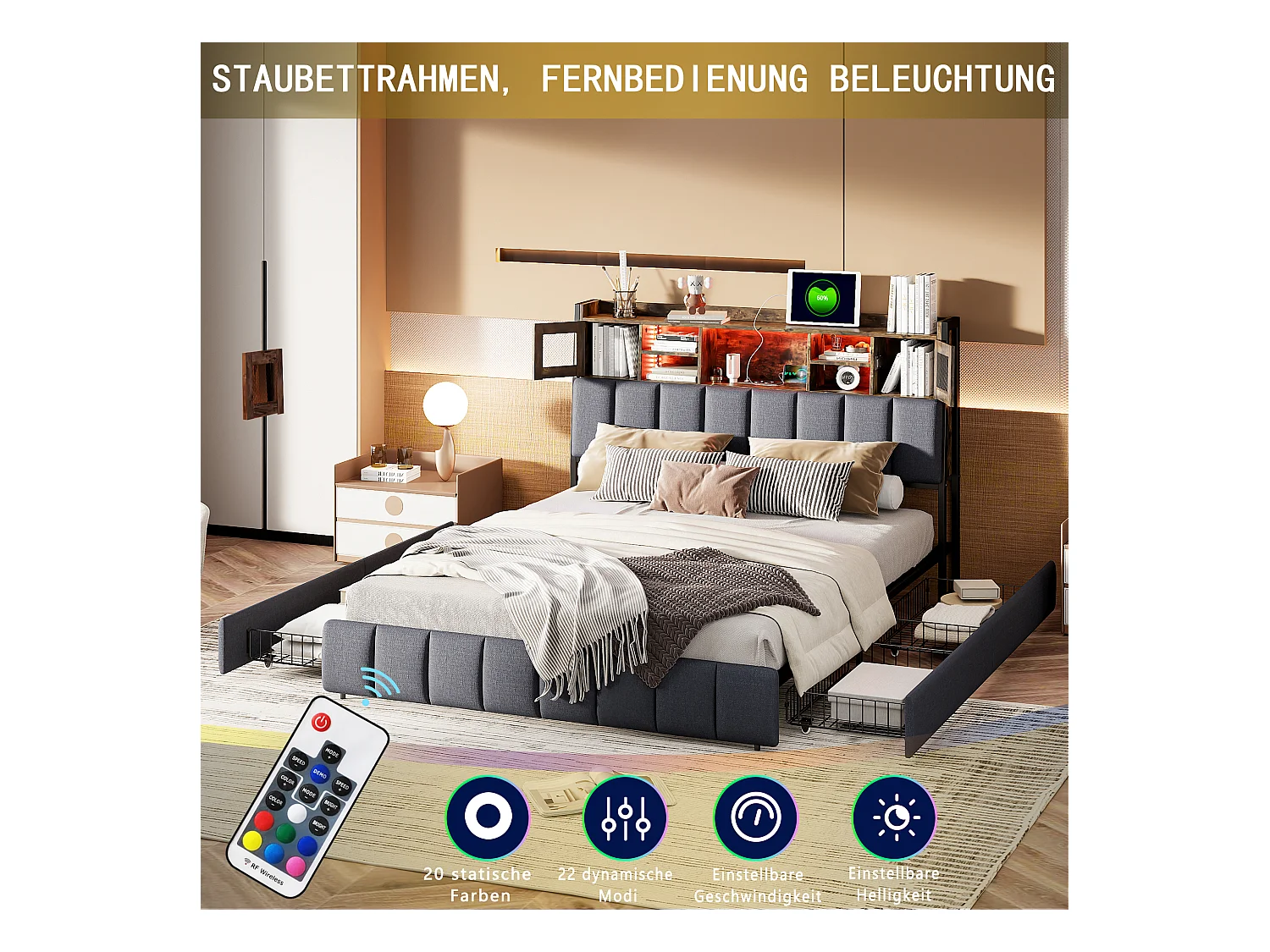 Lit coffre 140x200 cm en tissu lin noir, tête de lit avec fenêtre lumineuse, tiroirs de rangement, bandes LED intégrées