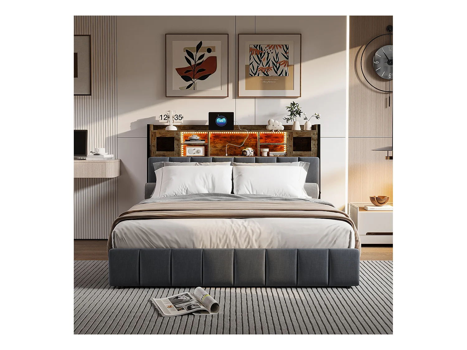 Lit coffre 140x200 cm en tissu lin noir, tête de lit avec fenêtre lumineuse, tiroirs de rangement, bandes LED intégrées