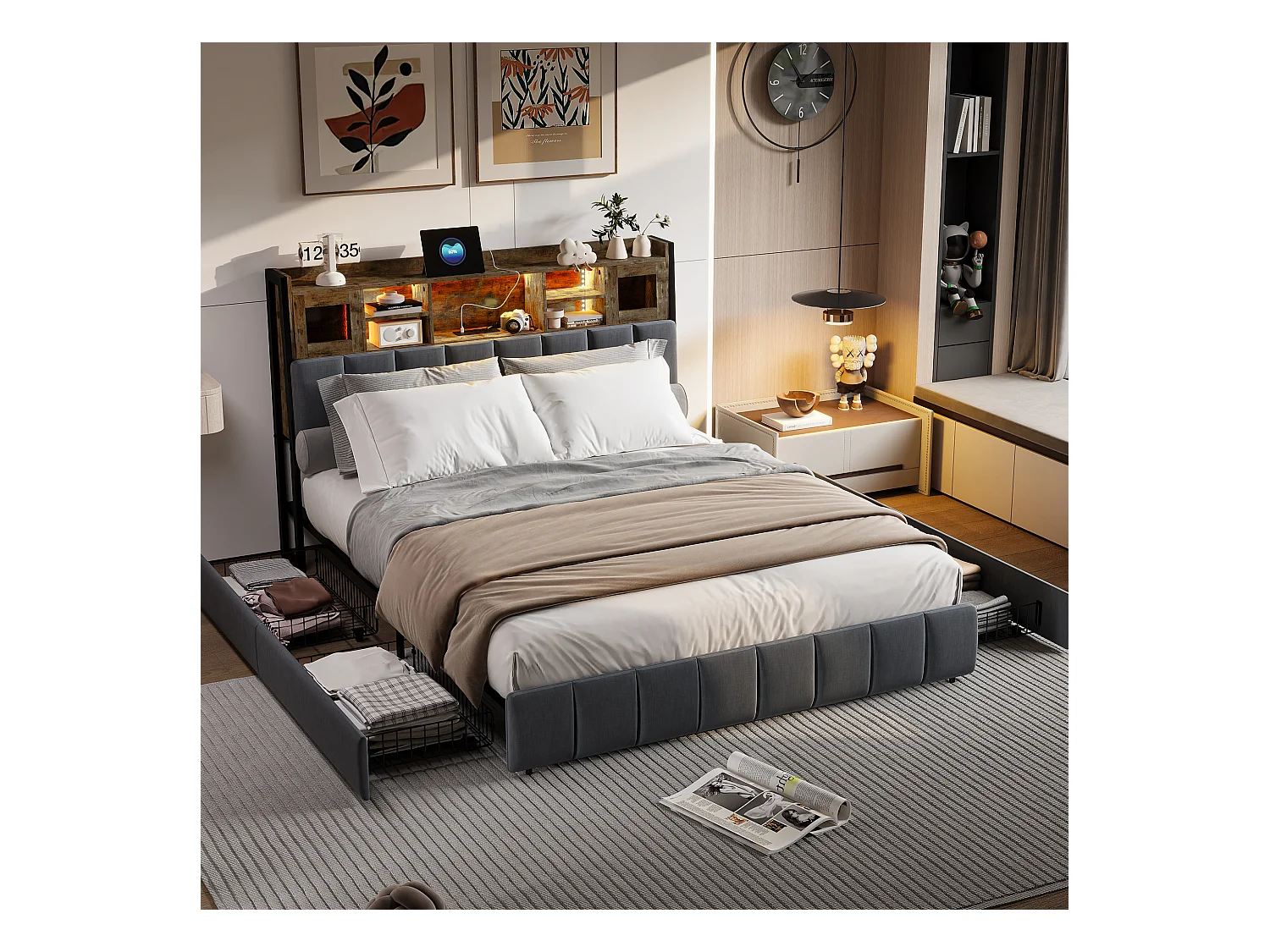 Lit coffre 140x200 cm en tissu lin noir, tête de lit avec fenêtre lumineuse, tiroirs de rangement, bandes LED intégrées