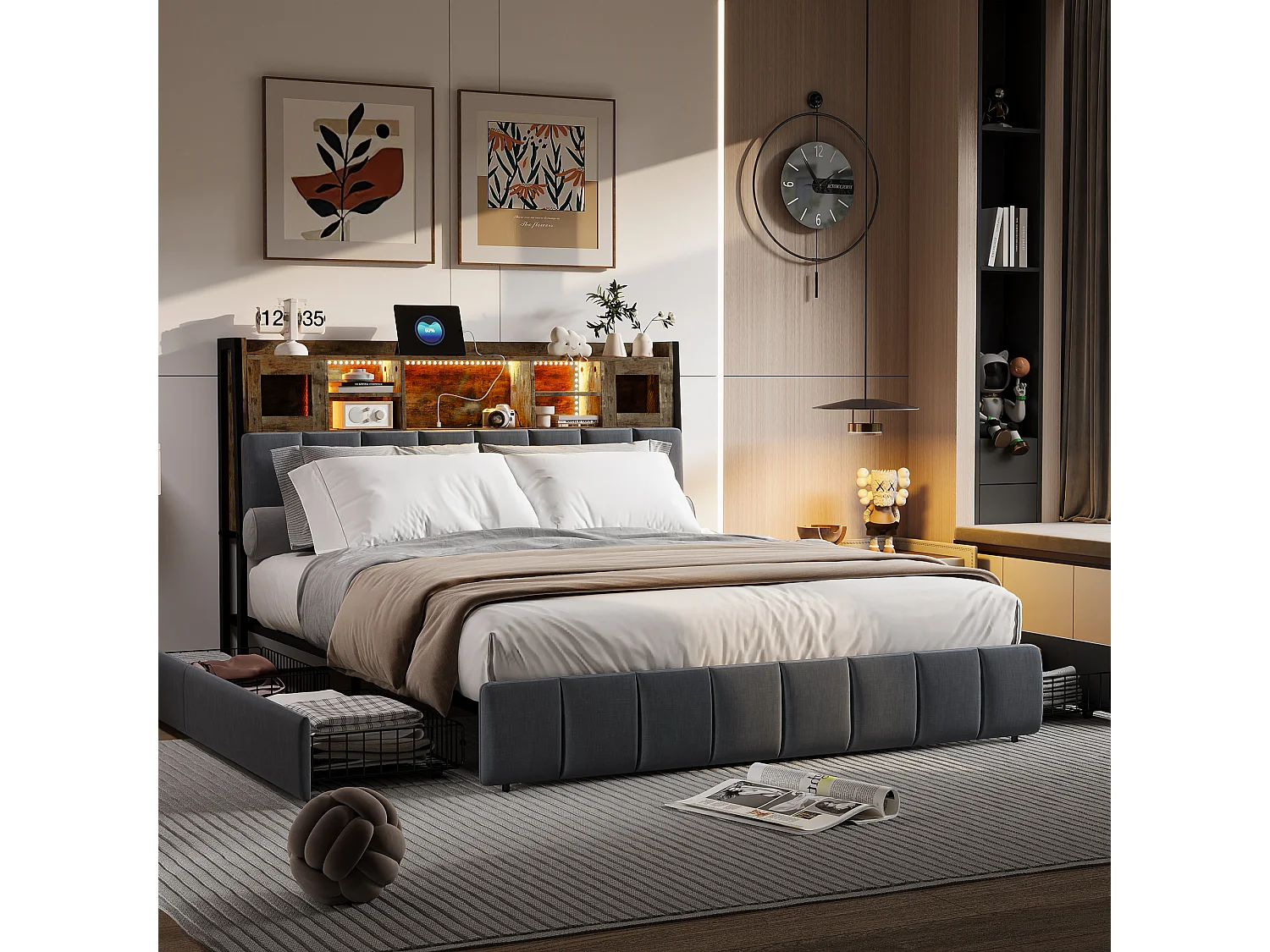 Lit coffre 140x200 cm en tissu lin noir, tête de lit avec fenêtre lumineuse, tiroirs de rangement, bandes LED intégrées