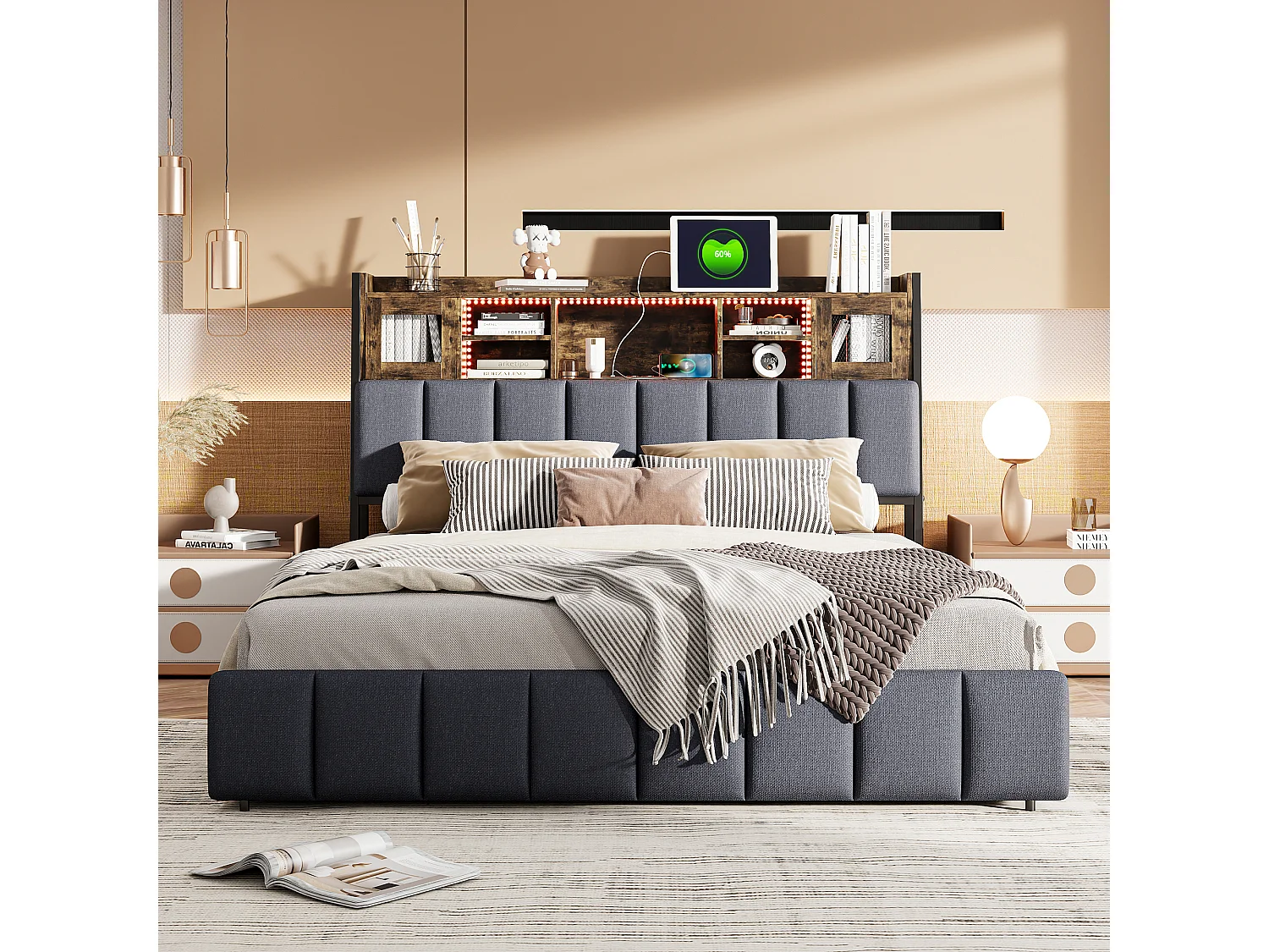 Lit coffre 140x200 cm en tissu lin noir, tête de lit avec fenêtre lumineuse, tiroirs de rangement, bandes LED intégrées