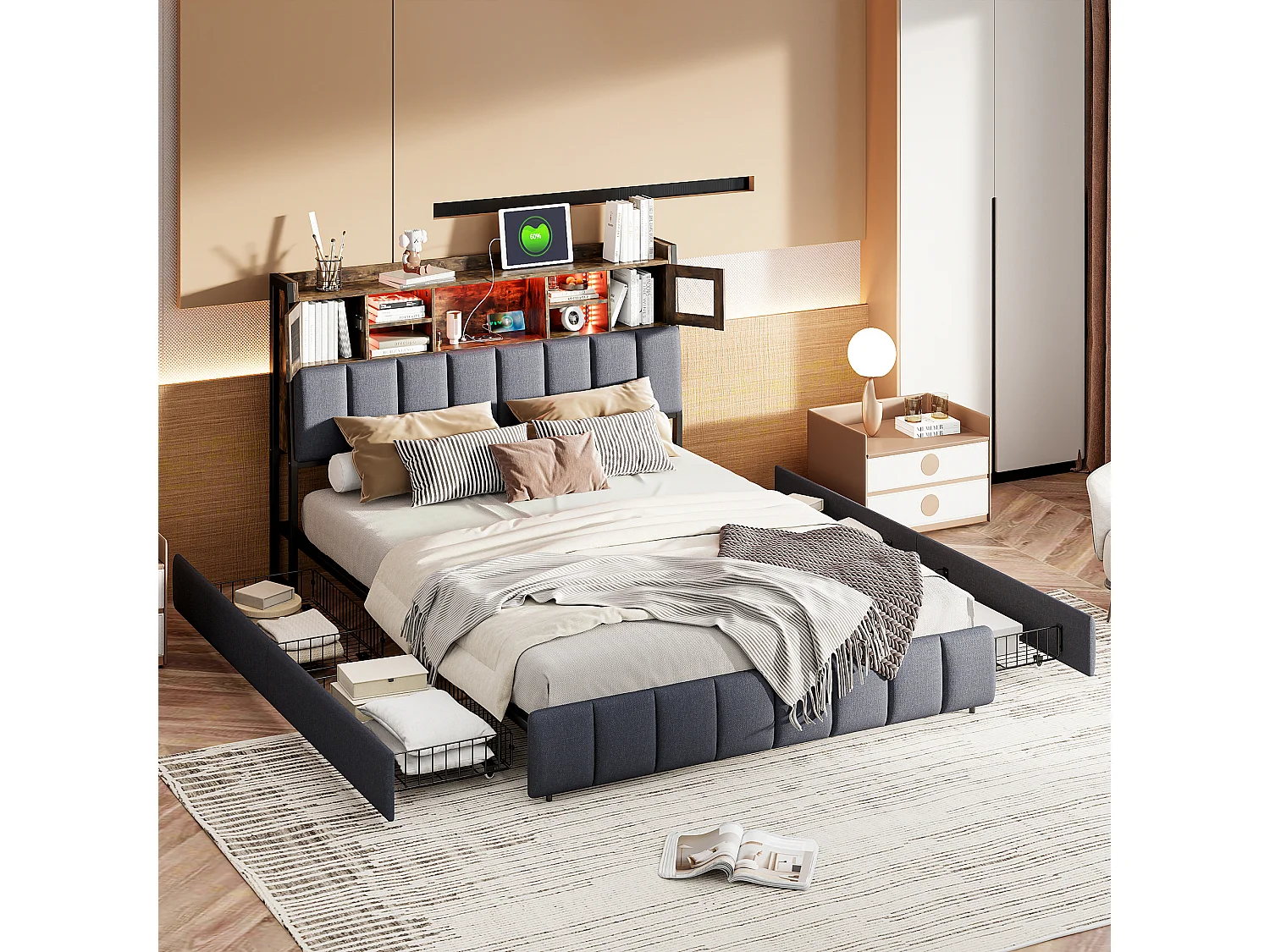 Lit coffre 140x200 cm en tissu lin noir, tête de lit avec fenêtre lumineuse, tiroirs de rangement, bandes LED intégrées