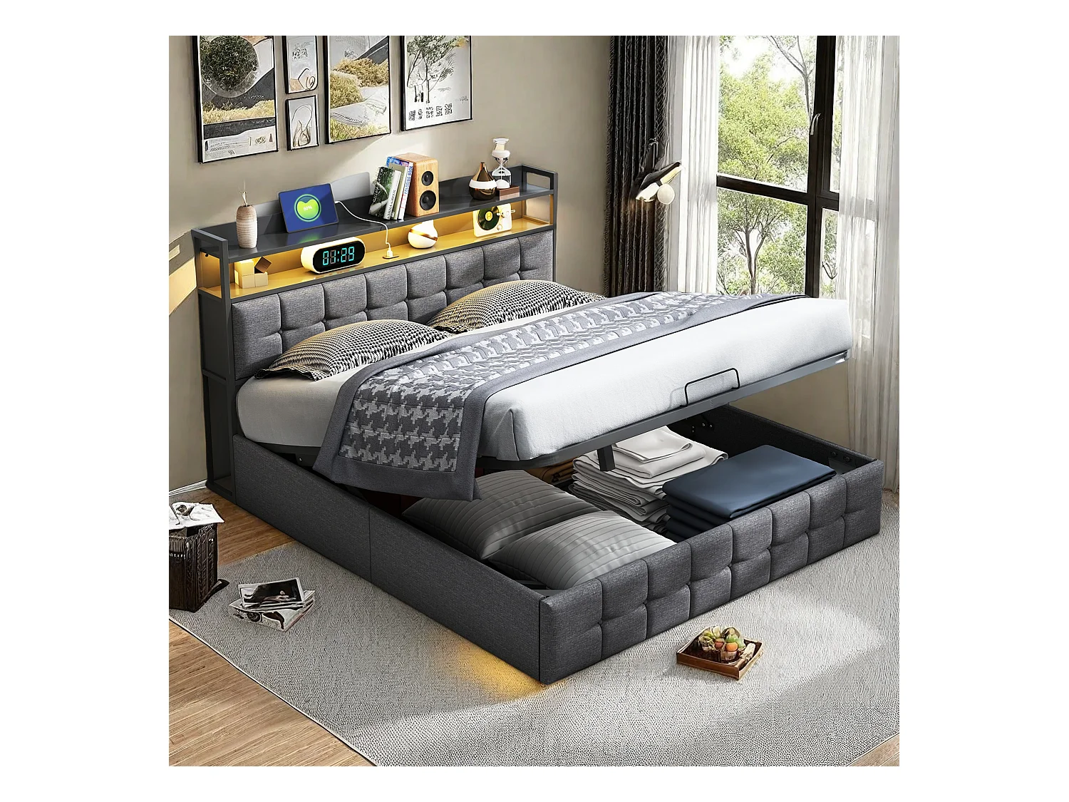 Cama de arrumação 140x200 cm em tecido cinzento com base de ripas, cabeceira com luz LED, tomada UE integrada, design moderno e prático