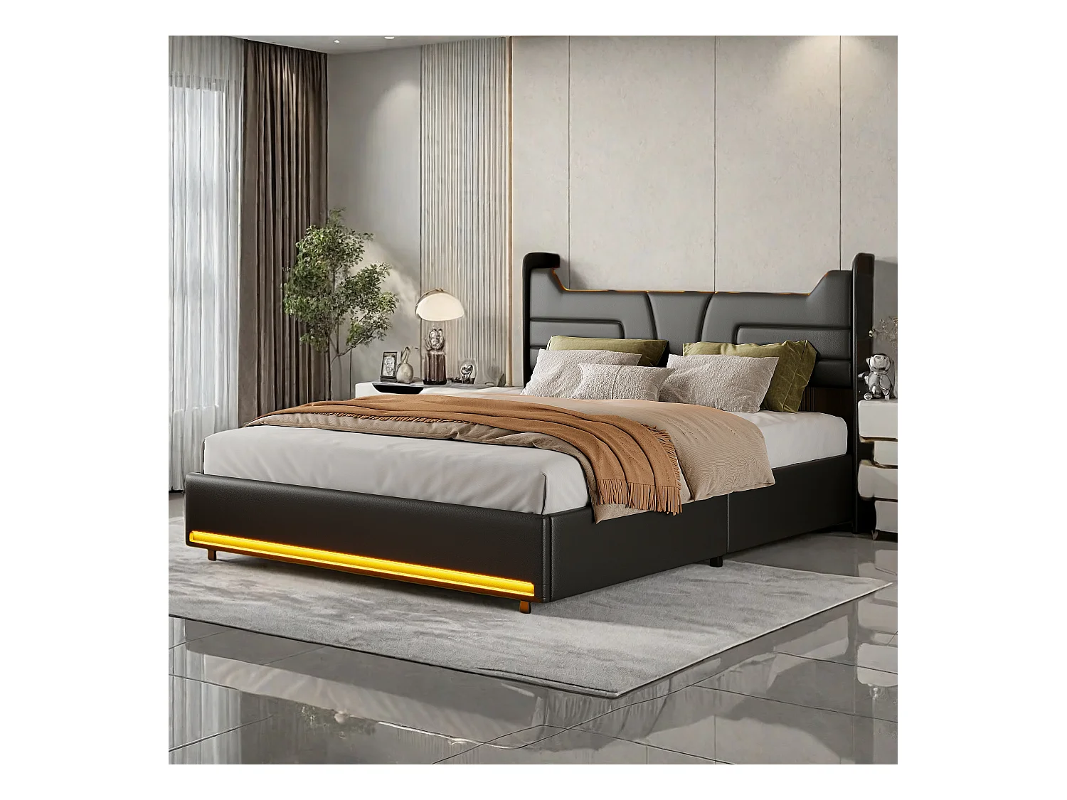 Cama de casal 140x200cm em couro PU preto com armazenamento hidráulico, cabeceira de LED com portas de carregamento e faixa de luz aos pés da cama