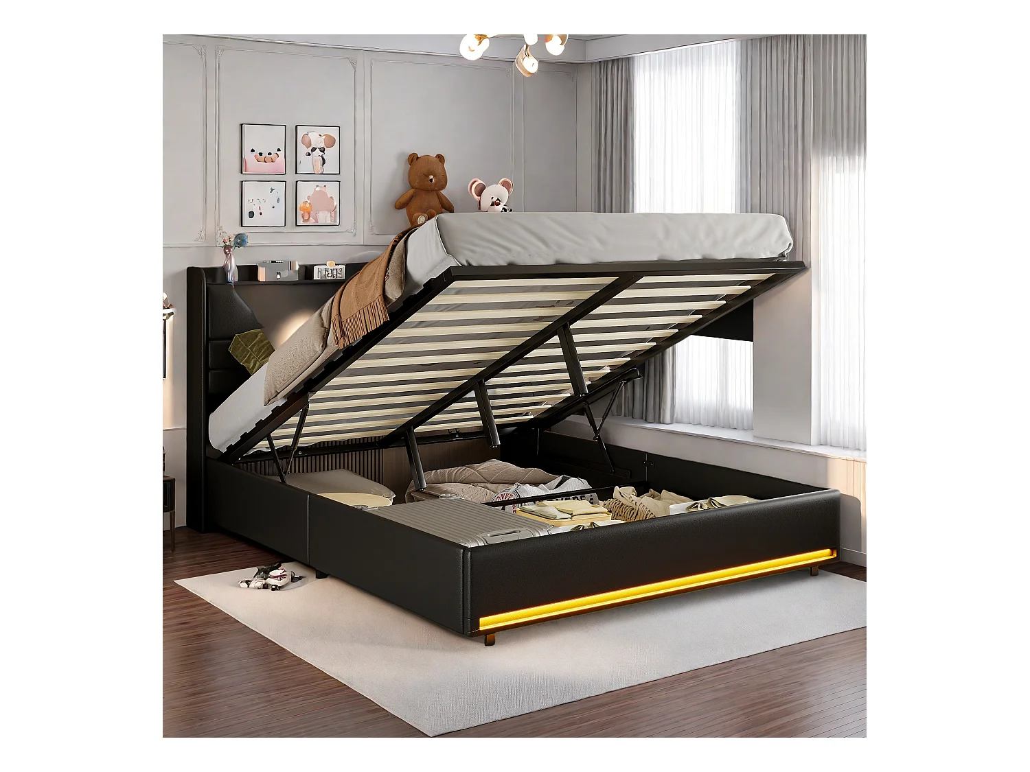 Cama de casal 140x200cm em couro PU preto com armazenamento hidráulico, cabeceira de LED com portas de carregamento e faixa de luz aos pés da cama