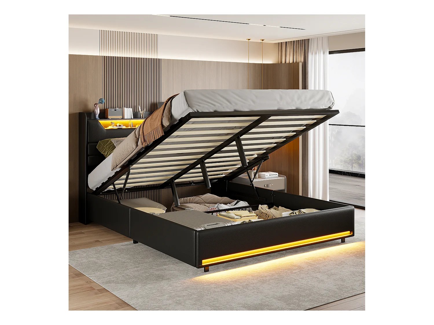 Cama de casal 140x200cm em couro PU preto com armazenamento hidráulico, cabeceira de LED com portas de carregamento e faixa de luz aos pés da cama