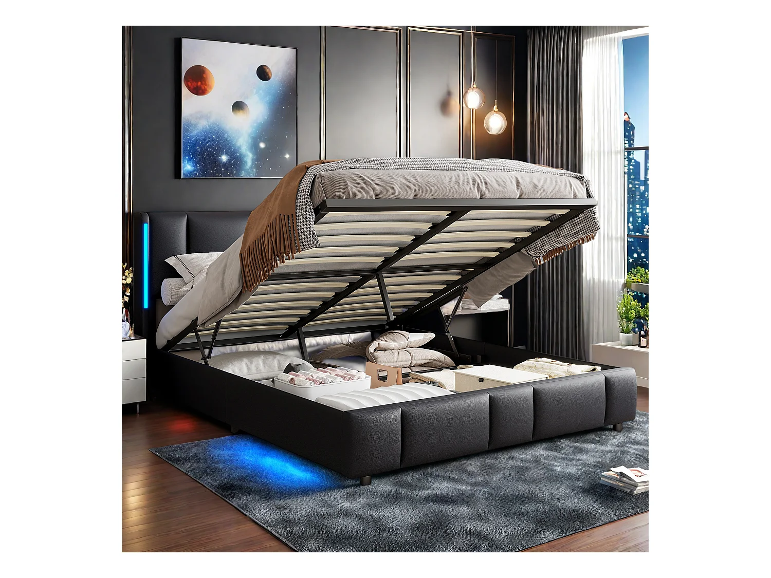 Lit 140x200 cm avec éclairage LED et Rangement, Lit Coffre avec USB et Type C, Sommier à Lattes, lit 2 Personnes, PU, Noir
