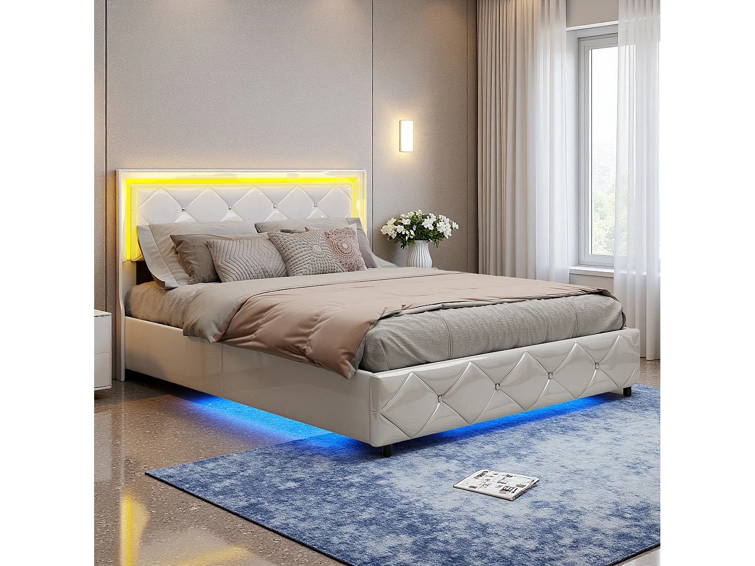 Lit double 160x200cm en cuir PU blanc avec design capitonné cristal, coffre de rangement hydraulique, ports de charge & lumière d’ambiance LED