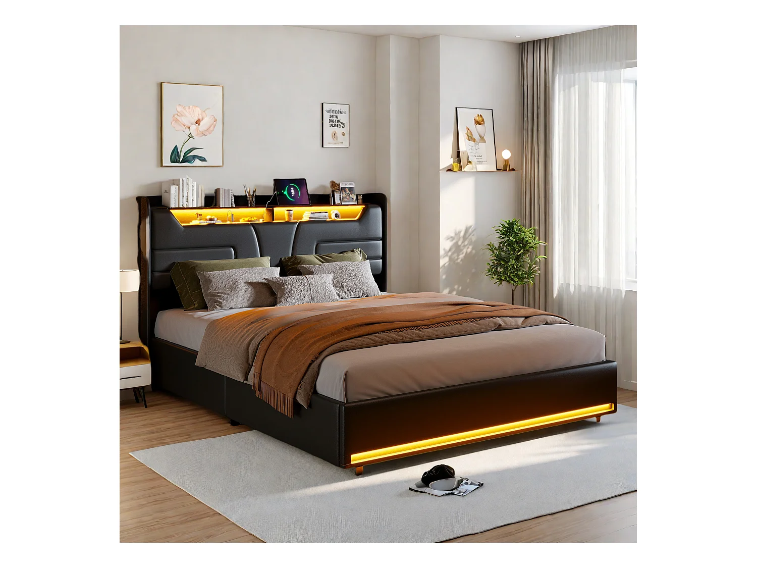 Cama doble 160x200 cm en piel sintética negra con almacenaje hidráulico, cabecero LED con puertos de carga y luz inferior moderna