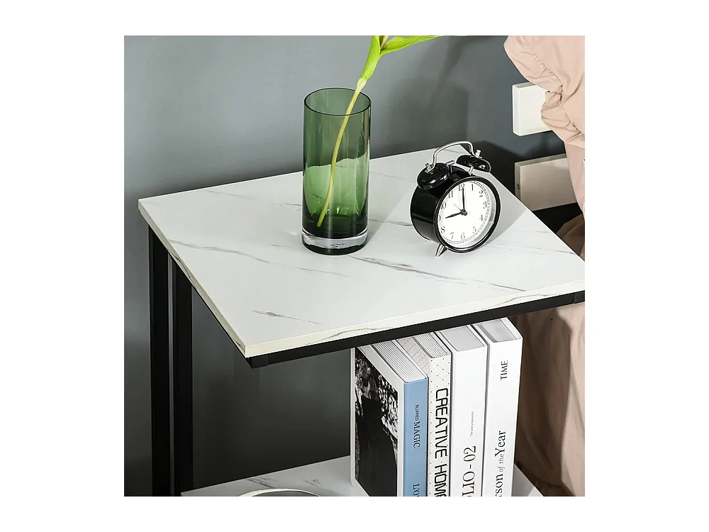 Table basse table d'appoint chambre structure acier noir plateau étagère aspect marbre blanc