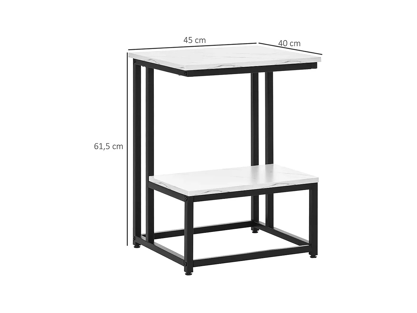 Table basse table d'appoint chambre structure acier noir plateau étagère aspect marbre blanc