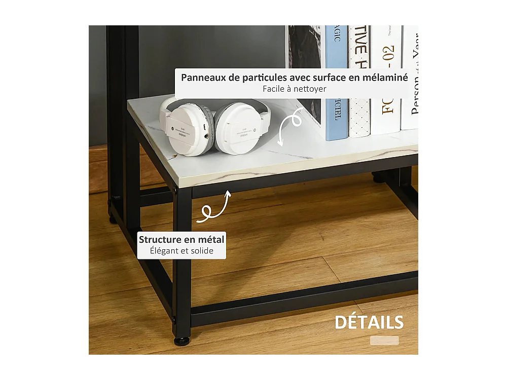 Table basse table d'appoint chambre structure acier noir plateau étagère aspect marbre blanc