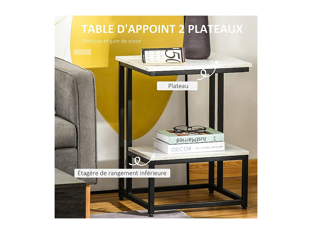 Table basse table d'appoint chambre structure acier noir plateau étagère aspect marbre blanc