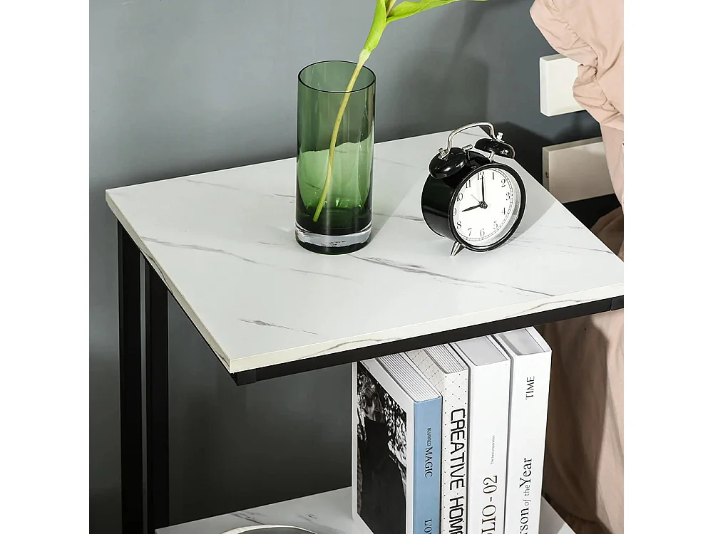 Table basse table d'appoint chambre structure acier noir plateau étagère aspect marbre blanc