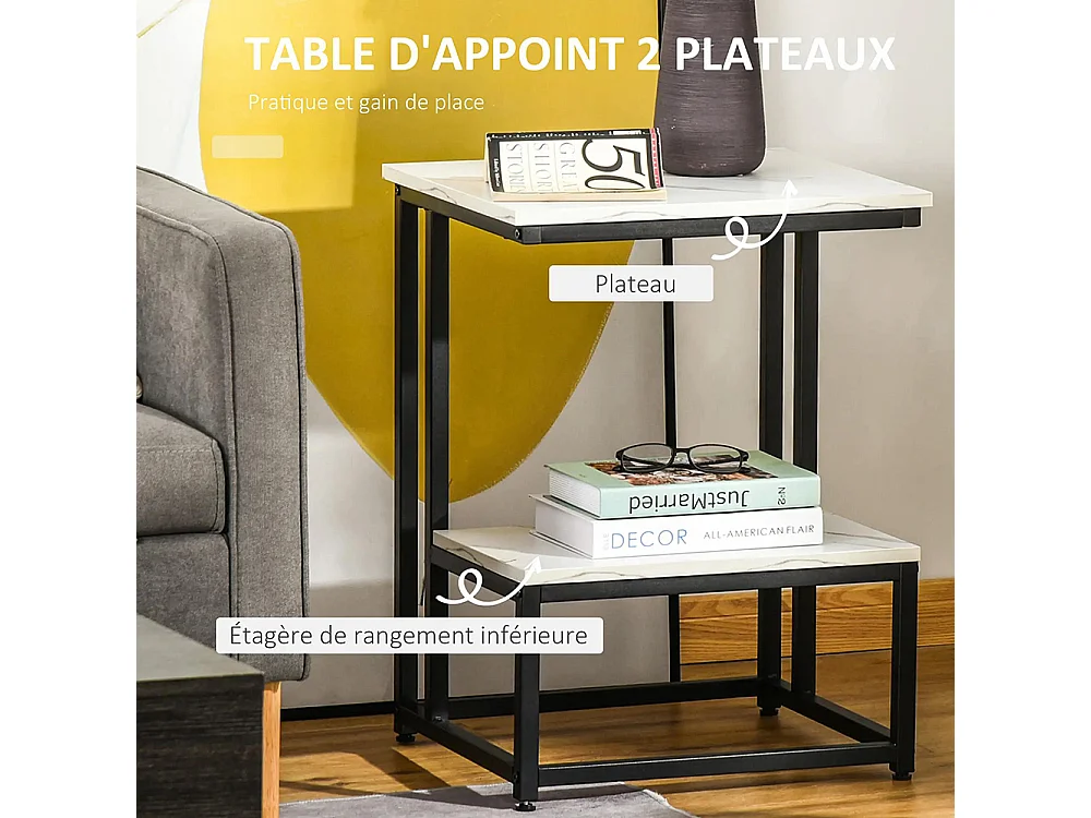 Table basse table d'appoint chambre structure acier noir plateau étagère aspect marbre blanc