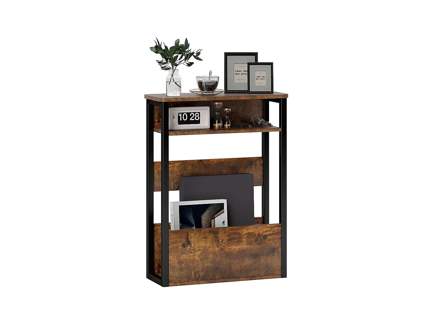 Table d'appoint table de chevet avec étagère à deux niveaux coins arrondis brun rustique