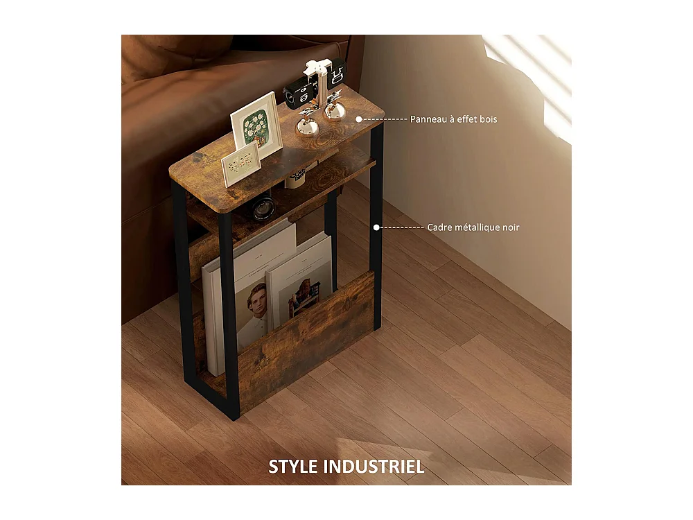 Table d'appoint table de chevet avec étagère à deux niveaux coins arrondis brun rustique