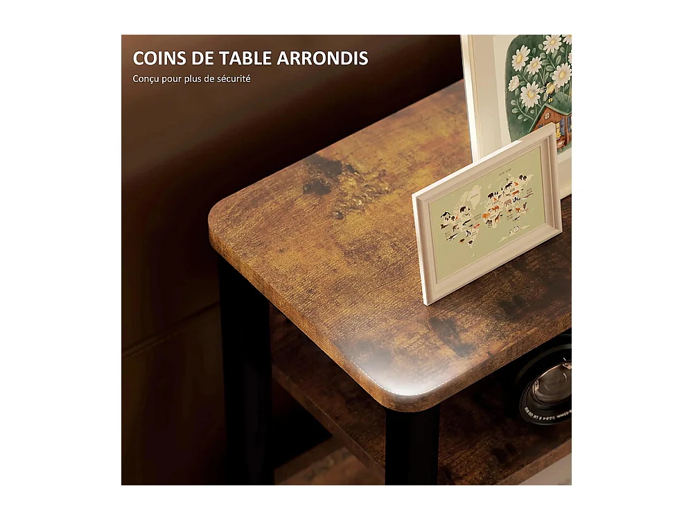 Table d'appoint table de chevet avec étagère à deux niveaux coins arrondis brun rustique