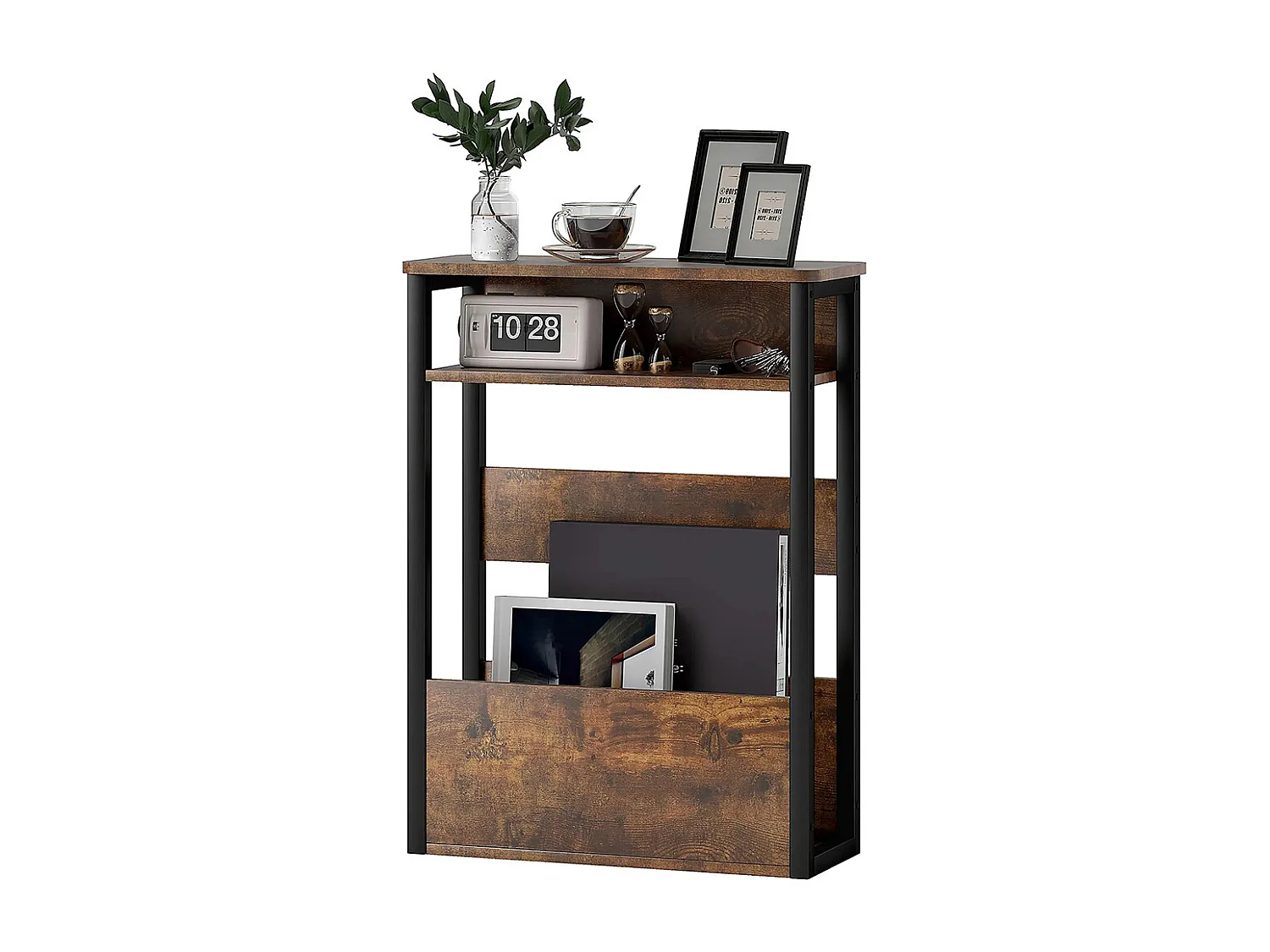 Table d'appoint table de chevet avec étagère à deux niveaux coins arrondis brun rustique