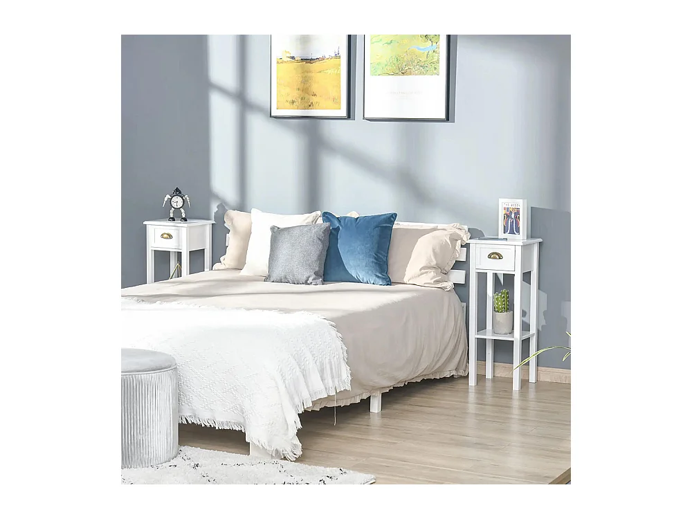 Lot de 2 Tables d'appoint Bout de canapé guéridon tiroir étagère poignées coquilles Laiton vieilli MDF blanc