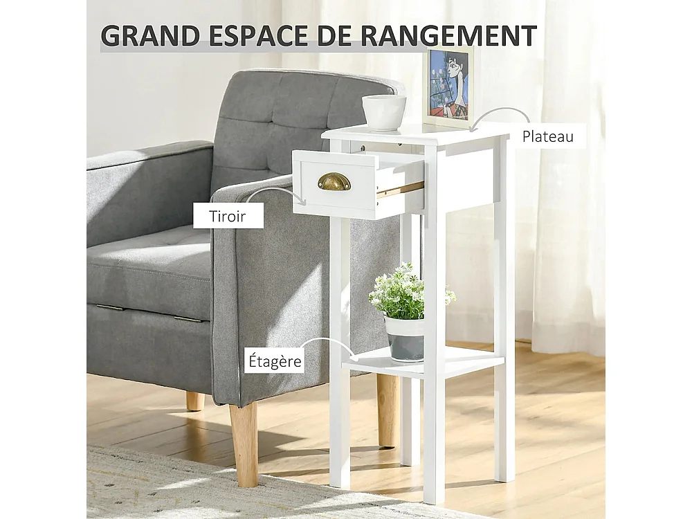 Lot de 2 Tables d'appoint Bout de canapé guéridon tiroir étagère poignées coquilles Laiton vieilli MDF blanc