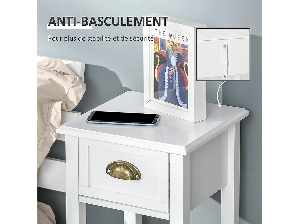 Lot de 2 Tables d'appoint Bout de canapé guéridon tiroir étagère poignées coquilles Laiton vieilli MDF blanc