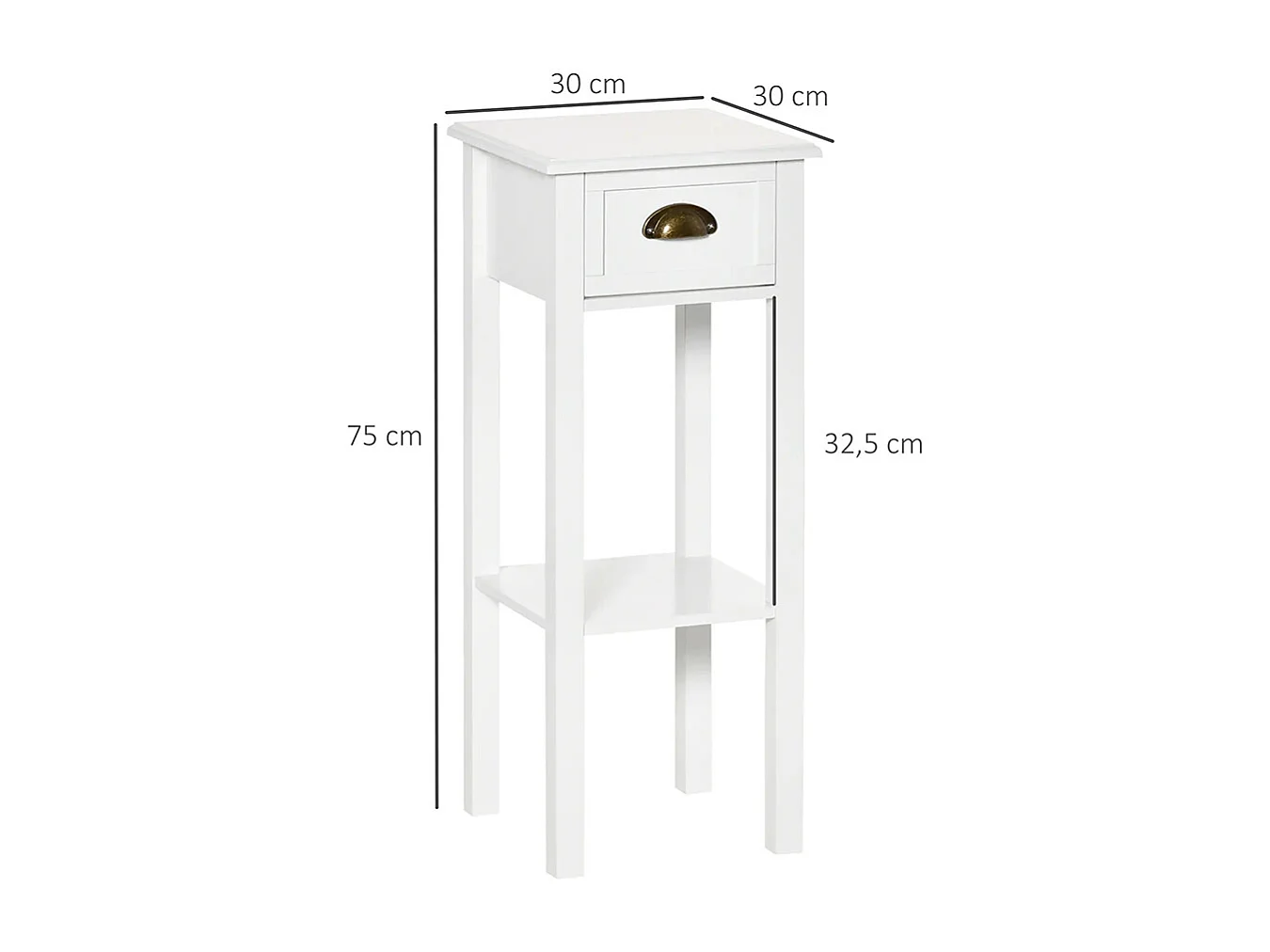 Lot de 2 Tables d'appoint Bout de canapé guéridon tiroir étagère poignées coquilles Laiton vieilli MDF blanc
