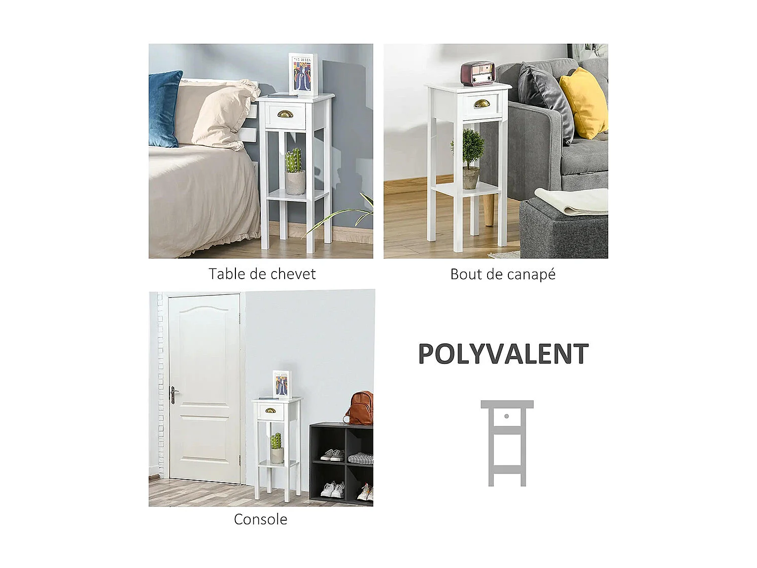 Lot de 2 Tables d'appoint Bout de canapé guéridon tiroir étagère poignées coquilles Laiton vieilli MDF blanc