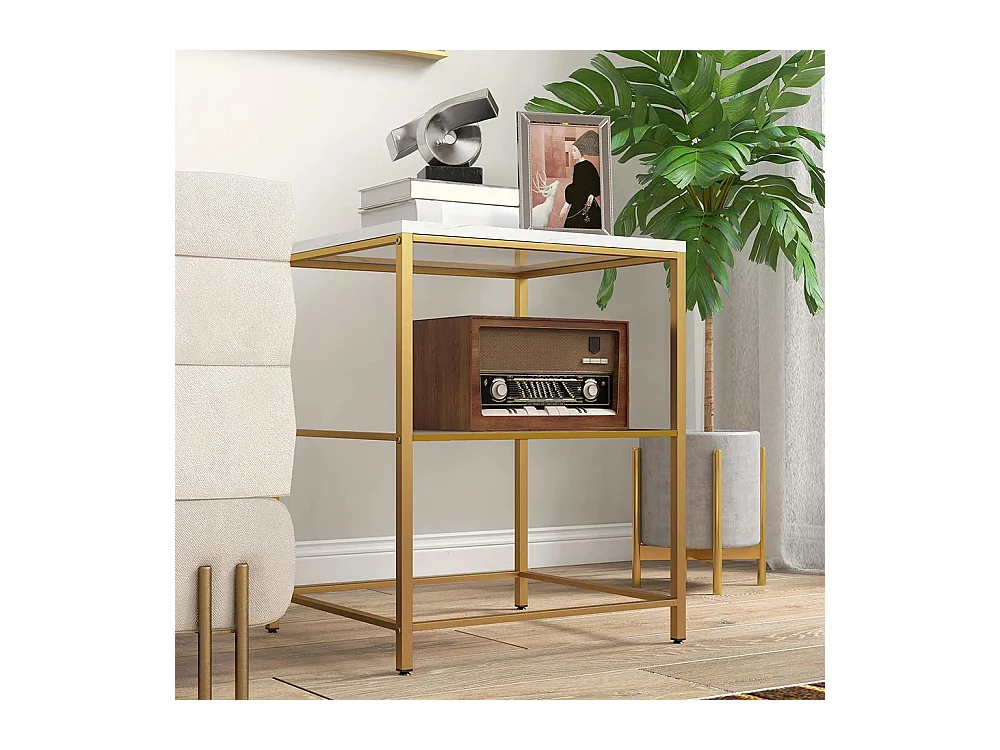 Table d'appoint bout de canapé avec 2 étagères effet marbre et structure en métal doré